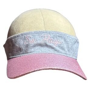 Six Flags Pink Gray Glittery Sparkly Embroidered Pink Lettering Adjustable